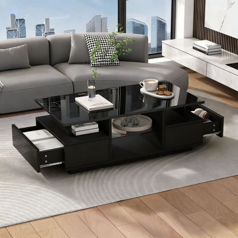 Table basse LED 100 x 50 x 36 cm – 2 tiroirs, étagères en verre, rangement ouvert, noir brillant – Élégance sobre et fonctionnelle (1/5)
