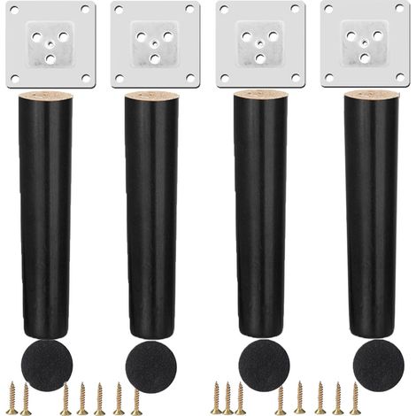 4pcs Pieds de Meubles en Bois, 20cm Pieds de Canapé Remplacement en Bois avec Coussin, Vis et Plaque Montage pour Table et Chaises Armoire Lit Vanité Pieds Noir (1/5)
