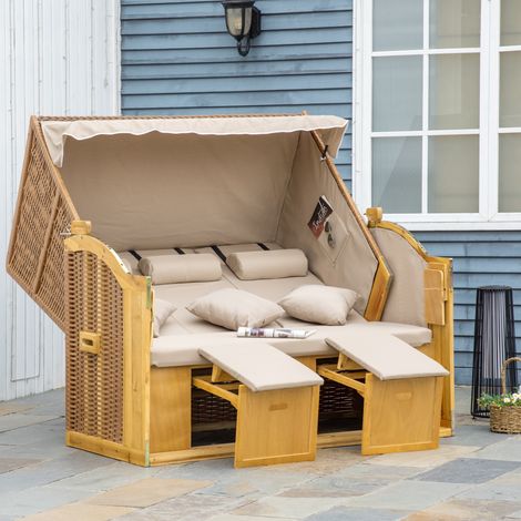 Chaise longue de plage avec auvent, 2 tablettes pliantes, repose-pieds, méridienne, dossier réglable 5 positions, polyrotin XXL, finition naturelle, 150 x 79 x 160 cm