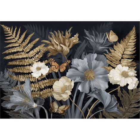 Papier peint mural feuilles fleurs doré intissé grand format design intérieur salon chambre pas cher 200x140 cm (1/5)