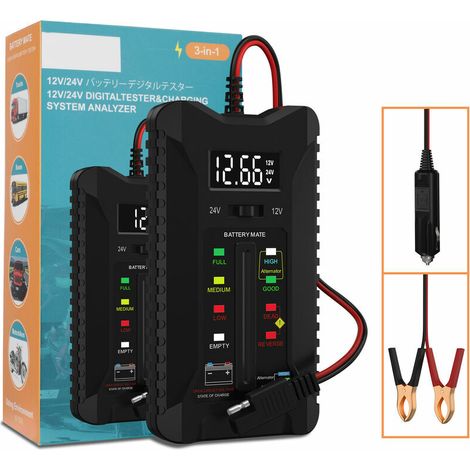 Green Mobility-Testeur de batterie 12V / 24V, voltmètre, analyseur de système de charge avec écran LCD et écran LED, longueur de câble 23,6 pouces (1/5)