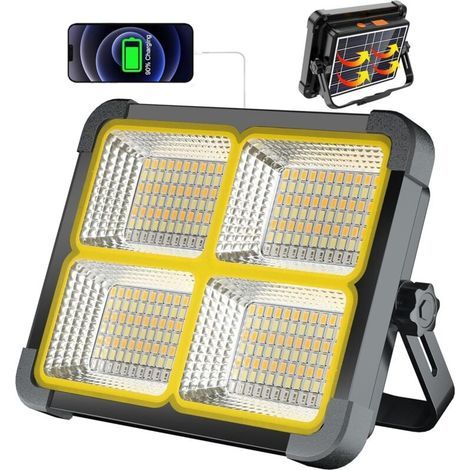 Projecteur LED rechargeable 288 LED/3 000 W/Panneau solaire/4 modes d'éclairage/Batterie externe 12 000 mAh/Absorption magnétique, idéal pour le camping, le travail, la pêche, noir, couleur : vert fon (1/5)