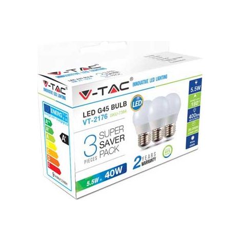 3 LAMPADINE LED E27 5,5W G45 V-TAC LAMPADA BULBO GOCCIA KIT CONFEZIONE OFFERTA Bianco freddo