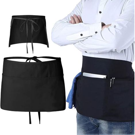 Tablier Réglable avec Poches, à Cravate Avant Noir, Taille Courte pour Chef Service Restaurant Bar Café (1/5)