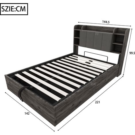 Lit en bois 140x200 cm, sommier hydraulique, tête de lit avec rangement, prises USB et secteur Type C, lit double, gris, sans matelas (1/5)