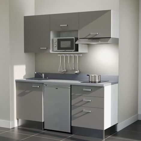 Kitchenette K20L - 180 cm - plan monobloc évier intégré Cromo- évier à gauche - Façades Gris + Electroménager inclus coloris Inox (1/5)