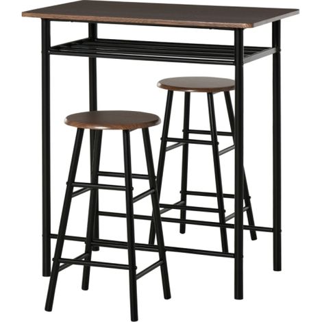 Black and Oak Bar Table Set with Stools,Footrest,and Storage Shelf for Kitchen,Dining Room,Pub,and Cafe Use