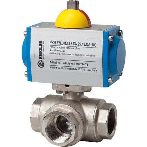 Riegler Messingkugelhahn, pneumat. Stellantrieb, L-Bohrung, Rp 3/4 (1/4)