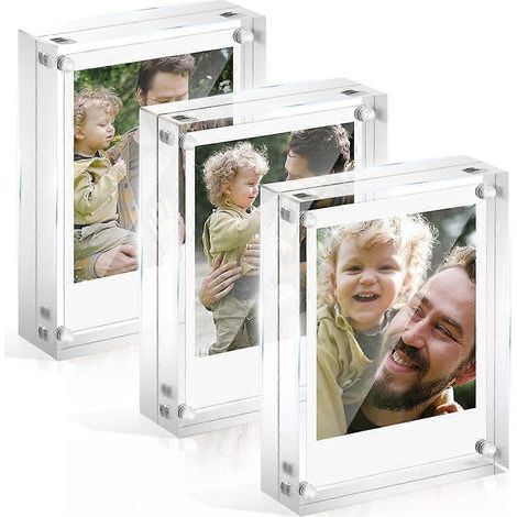 Lot de 3 cadres photo magnétiques en acrylique, blocs de 10 + 10 mm d'épaisseur, mini-cadres transparents autoportants de 6 x 8,9 cm pour photocopies instantanées (1/5)
