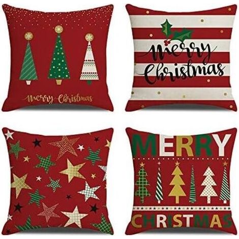 Weihnachtskissenbezug - Set aus 4 roten Baumwoll- und Leinen-Weihnachtskissenbezügen - Kissen für Sofa, Wohnzimmer, Bett, Auto, quadratischer Kissenbezug (1/5)