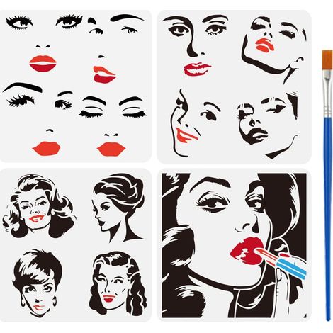 4Pcs Pochoir Féminin Avec Un Pinceau 4 Styles Pochoirs D'Expression Faciale de Visage de Femme 30X30cm Pochoir de Sourcils de Femme Pochoir Nez Bouche Modèle Mural de Tête de Femme Rétro (1/5)