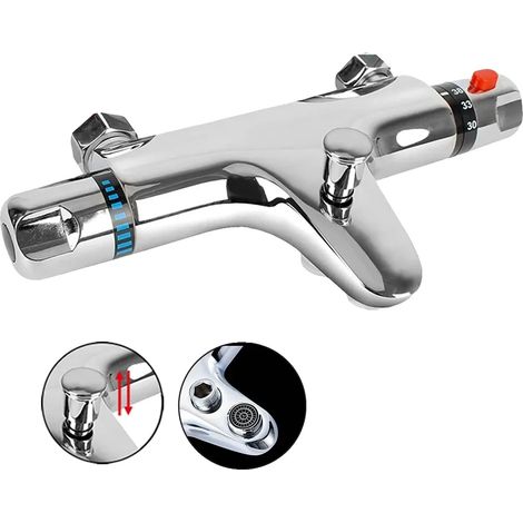 Válvula mezcladora termostática, de cromo y latón, dimensiones de 131 a 200 mm, compatible con doble control, núcleo de válvula cerámico, dispositivo automático antiescaldaduras. (1/5)