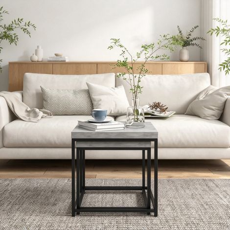 Gain de place : lot de 2 tables basses gigognes carrées encastrables, cadre acier pour salon et canapé (1/5)