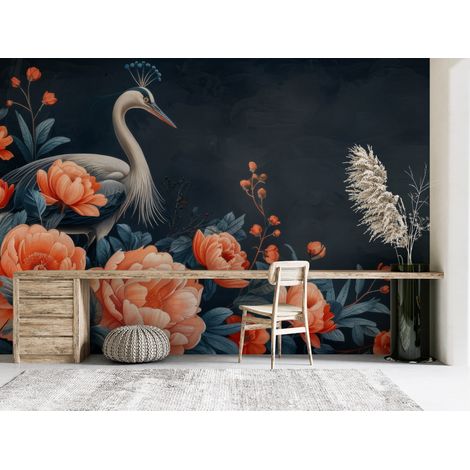 Papier peint animaux - paons bleus parmi les pivoines orange - 150 x 250 cm (1/2)