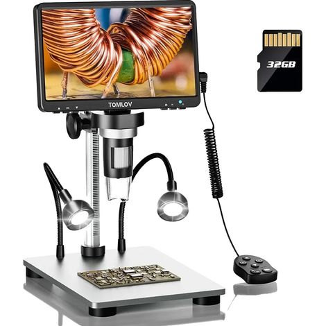 Microscopio digital, pantalla LCD de 7 pulgadas, aumento de 200X a 1200X, 8 luces LED, control remoto con cable, ángulo ajustable. (1/5)