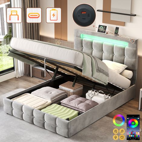 4ft6 Double Upholstered Bed Frame with Hydraulic Storage, Velvet Ottoman Bed with LED Lighting and Charging Station, Double Bed with Adjustable Button Tufted Headboard, Grey (No Mattress)