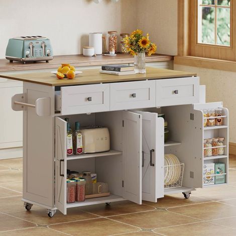 Îlot de cuisine - Plan de travail pliable style grange - Extensible 70 cm - 4 portes & 3 tiroirs - Roulettes 360° verrouillables