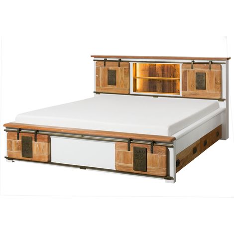 Bett mit Schublade Mango / Altholz weiß lackiert 199x223x107 (BxTxH) zerlegt RAILWAY LUX 509
