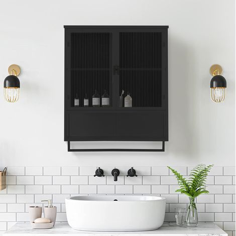 MEUBLIV Armario mural negro de 60 cm con puertas de vidrio, balda abierta y toallero (1/5)