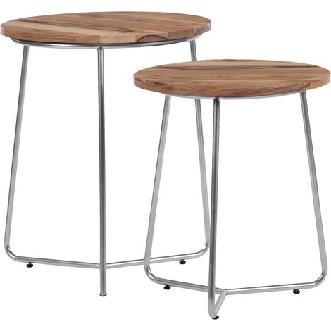 WOMO-DESIGN Beistelltisch 2er Set Ø 43x52/Ø 38x45 cm, Natur-Silber, Unikat, handgefertigt, Massivholz/Metallgestell, Industrie Design, Satztische Couchtisch Wohnzimmertisch Sofatisch Kaffeetisch Set