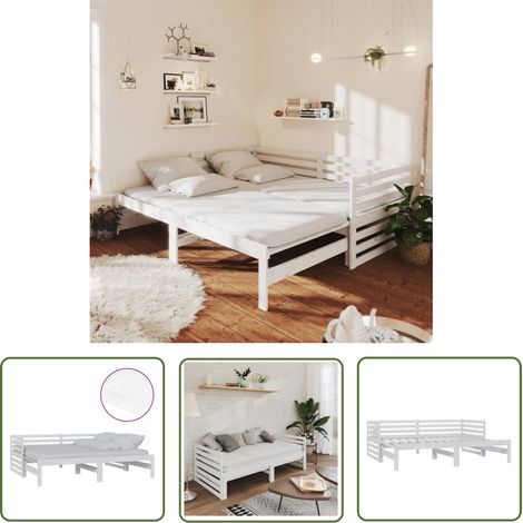 The Living Store Lit coulissant 2x(90x200) cm Blanc Bois de pin massif - Lit Convertible - Canapé Lit - Lit Deux Places - Lit Bois - Meuble Chambre (1/5)
