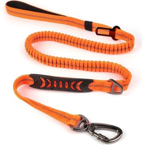 Laisse élastique pour chien avec poignées rembourrées, laisse réglable avec boucle de ceinture de sécurité (orange) (1/5)