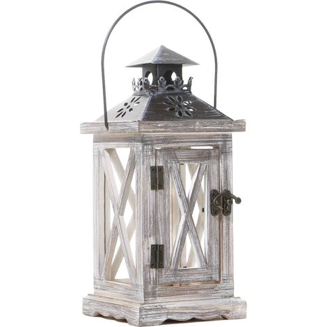 Support de lanterne décoratif vintage en bois et métal, idéal pour rehausser le charme rustique de votre intérieur.