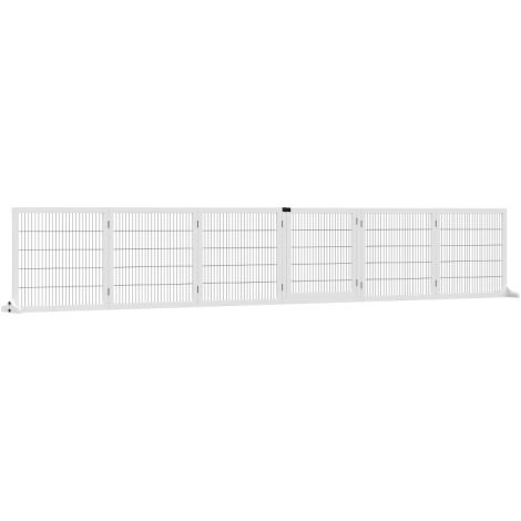 Puerta de seguridad ajustable para perros con patas, 432 x 70 cm, de madera, plegable, para escaleras, pasillos, 6 paneles, blanca, disponible en el sitio. (1/5)