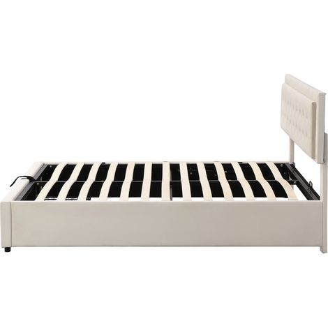 Lit avec coffre et tiroirs, tissu velours, lit rembourré, sommier à lattes, lit double, grand espace de rangement, 160 x 200, beige (1/5)