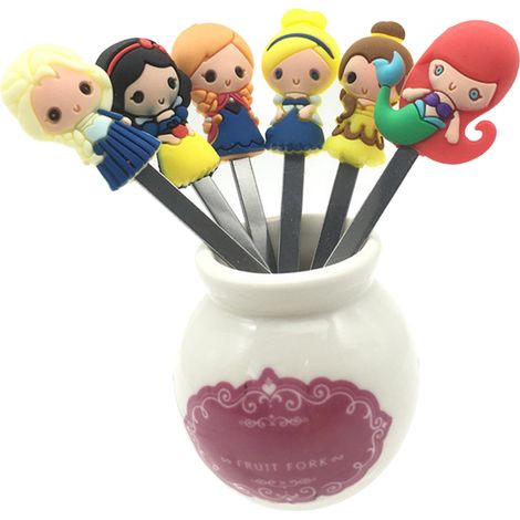 6-teiliges Obstsalat-Gabelset, niedliche Silikon-Cartoonfiguren, Edelstahl-Essgabeln mit Flasche (1/5)