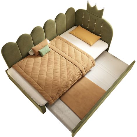 CHICFURN Cama nido juvenil de terciopelo verde 90x200 cm con cama extraíble 90x190 cm, cabecero con corona y rejilla, ideal para niños y huéspedes (1/5)