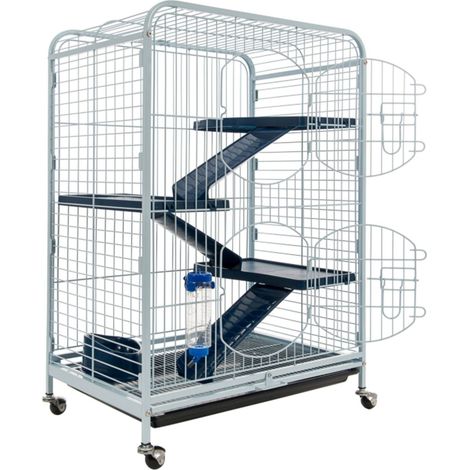 Grande Cage à Roulettes Tower Rongeurs Toute Équipée 64x44x93cm Pour Cochon d'Inde, Furet, Chinchilla Mobile et Sécurisée 3 Plateformes Modulables, 3 Échelles, 1 Biberon et 1 Gamelle