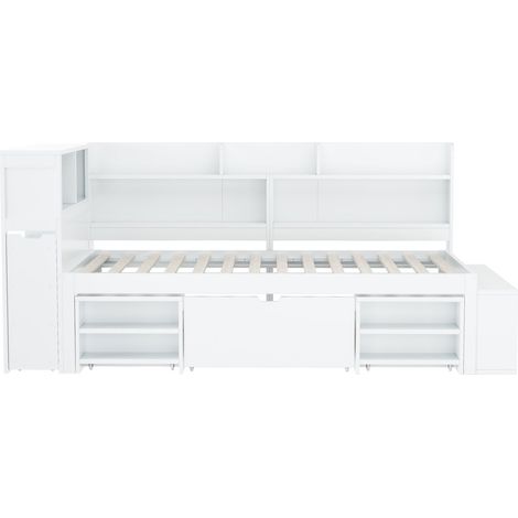 Letto bambini 90x200 cm multifunzione bianco in legno compensato con cassetti e libreria MODENUIT (1/5)