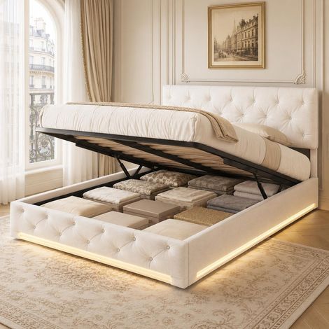 Letto contenitore 140x200 cm, letto matrimoniale con LED RGB e vano contenitore con sollevamento idraulico, tessuto effetto lino imbottito con testiera regolabile, Bianco crema (1/5)