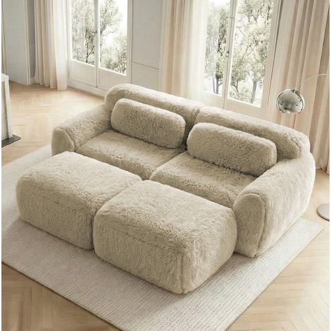 Sofa modulare in colore khaki chiaro, con 2 ottomane, senza montaggio, in morbido tessuto peluche,204x179x73 cm (1/5)