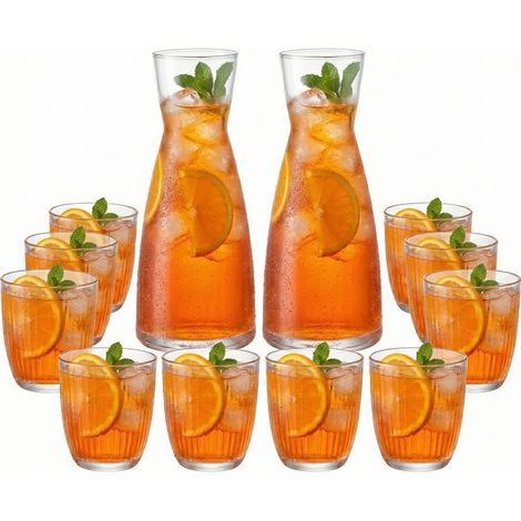 Maxi Set Super Comodità 14 Pezzi 2 Caraffe 1L + 12 Bicchieri Tumbler 29cl in Vetro Star Glass Resistente Design Scanalato per Acqua Vino e Cocktail – Ideale Feste Famiglie e Horeca