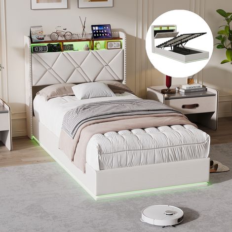 BLANKETSWARM - Lit coffre 90x200 avec sommier, Lit simple avec chargement USB et lumières LED - Rangement tête de lit - Lin - Beige (1/5)