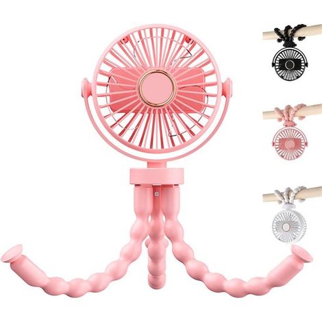 Ventilador portátil USB multiusos，con ventosa y función para colgar，3 velocidades y rotación de 360°，ideal para cochecito，pared y coche (rosa) (1/2)