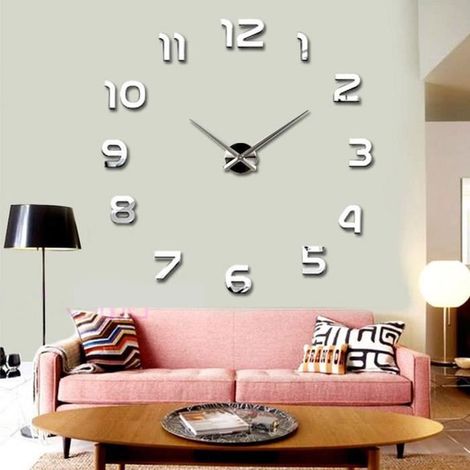 grande horloge murale numéro diy autocollant miroir 3d décoration art moderne argent (1/2)