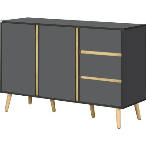 Buffet bas meuble de rangement sur pieds style scandinave 2 portes 3 tiroirs 120 x 40 x 80 cm gris anthracite