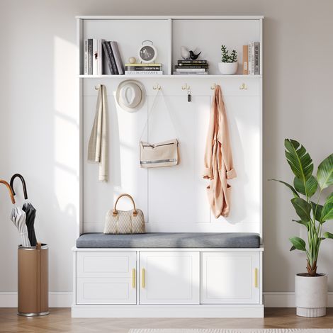 Perchero de entrada 120x40x191 cm blanco en tablero de partículas con banco y zapatero (1/5)