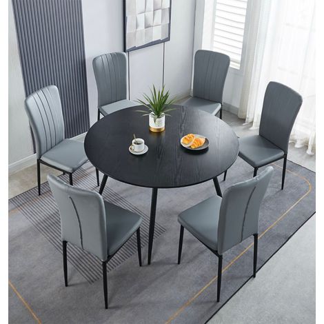 Hallowood Furniture Cullompton Large Round Dining Table and Chairs Set 6, 120cm Black Wood Effect Dining Table and Chairs in Light Grey Faux Leather, Perfect for Home or Café (1/5)