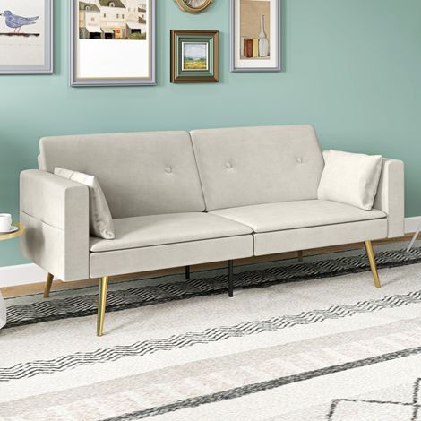 Sofá cama de 2 plazas, respaldo ajustable, cojines suaves, funda aterciopelada, para salón o habitación de invitados, color beige.