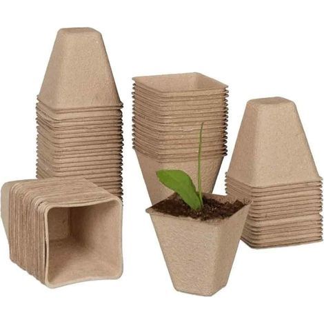 Godets semis biodégradables, lot Pratique de 50, carré, HLP 8 x 8 x 8 cm, Pots de Jardinage en Papier, Nature (1/5)