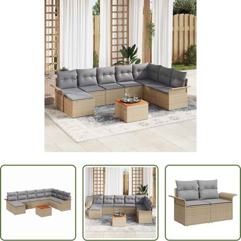 vidaXL Poly-Rattan - Gartensofa-set mit Kissen 9 pcs Beige Poly-Rattan (1/5)