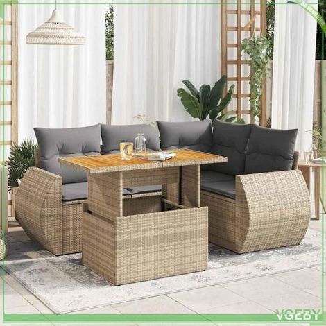 Salon de jardin - Modèle 3327258 - Résine tressée beige - Ensemble 5 places modulable - Table acacia réglable (1/5)
