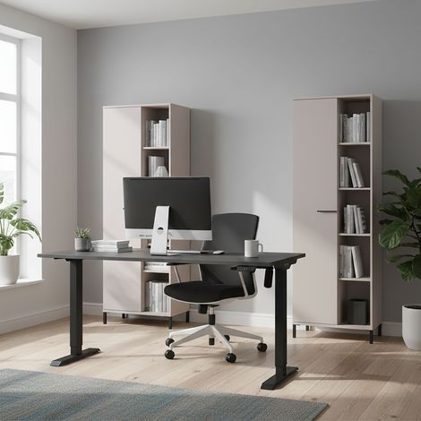 Bureau réglable électrique 160 cm + 2 armoires écru - TZEKA (1/5)