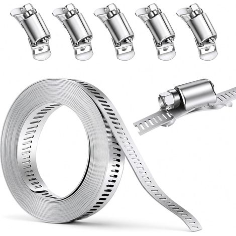 Kit Colliers de Serrage 2 m Inox 304 avec 5 Fermetures Réglables  Bande perforée inox, collier ajustable DIY, tuyau d’eau, conduite de gaz, automobile, piscine, lave-linge, jardin, réparation (1/5)