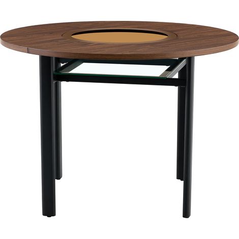 Table ronde au design moderne et minimaliste, diamètre 100 cm, motif bois marron, pour 2 à 4 personnes (avec plateau en verre marron-gris encastré et structure métallique stable). (1/5)