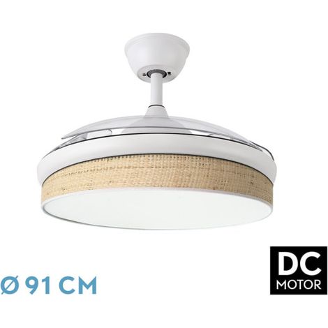 Abrila - Ventilador DC MODA  Color Blanco con tres Aspas Desplegables ABS y Difusor Cañizo Claro  6 Velocidades Ajustables  3 Temperaturas de Luz  con Temporizador y Mando a Distancia Incluido (1/3)